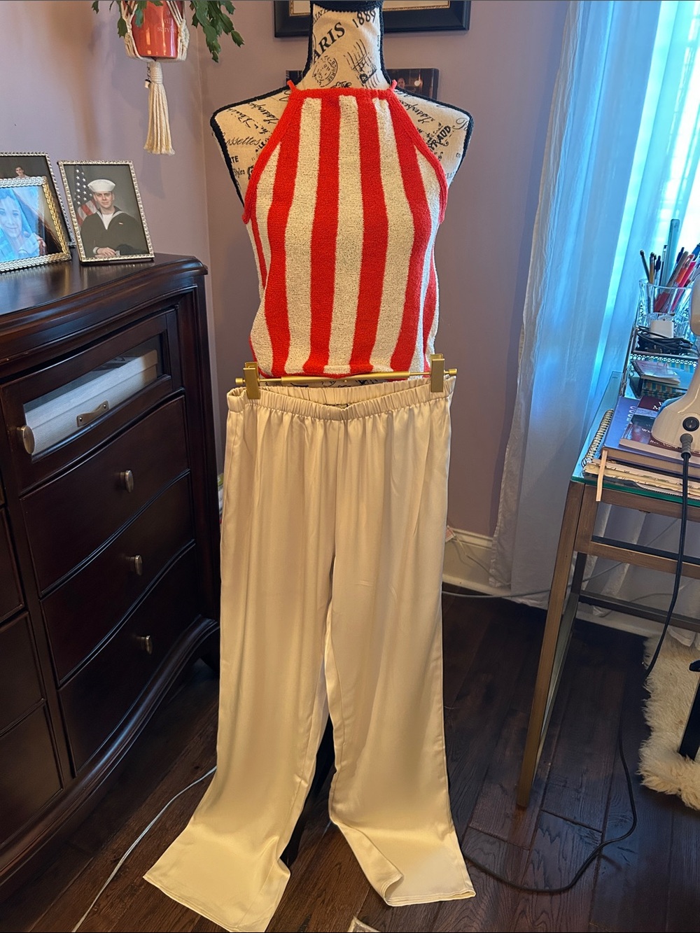 Cream Wide-Leg Pull-On Pants with top— Lightweight Relaxed Fit